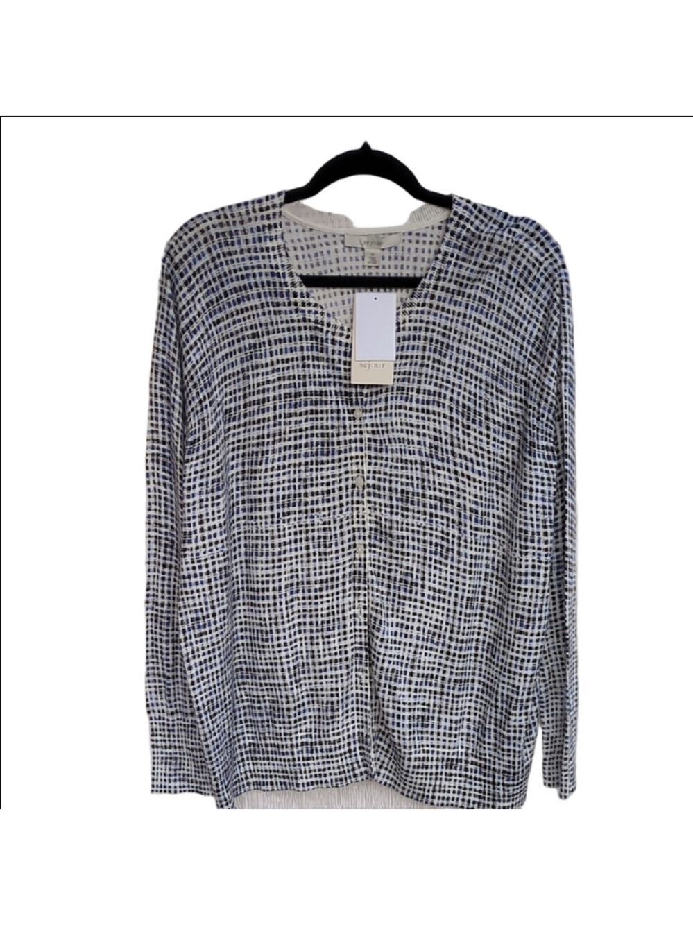 Sejour Women's Blue Ivory Gingham V Neck Cardigan 2X